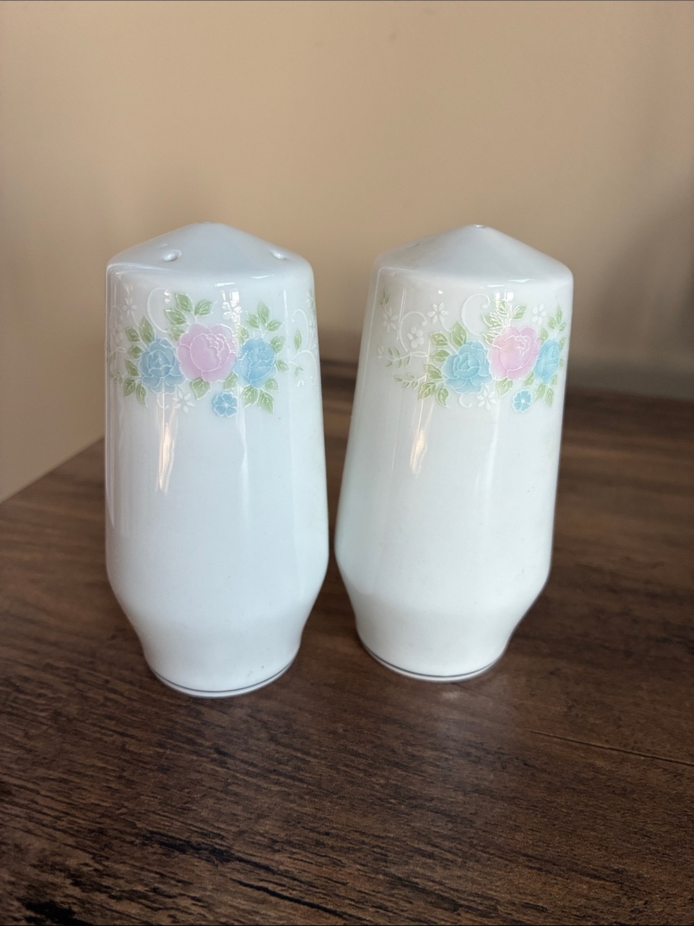 Porcelain Floral Salt and Pepper Shaker Set – White with Pink & Blue Flowers